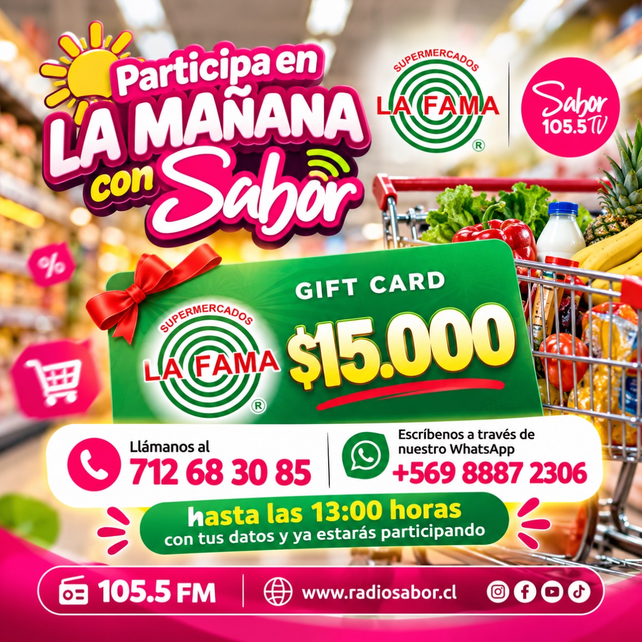 🎉🎁 ¡PARTICIPA Y GANA CON LA MAÑANA CON SABOR! 🎁🎉 ¡En Radio Sabor queremos premiarte! 💖📻 Participa por una GIFT CARD DE $15.000 de Supermercados La Fama 🛒🛍️ y di…